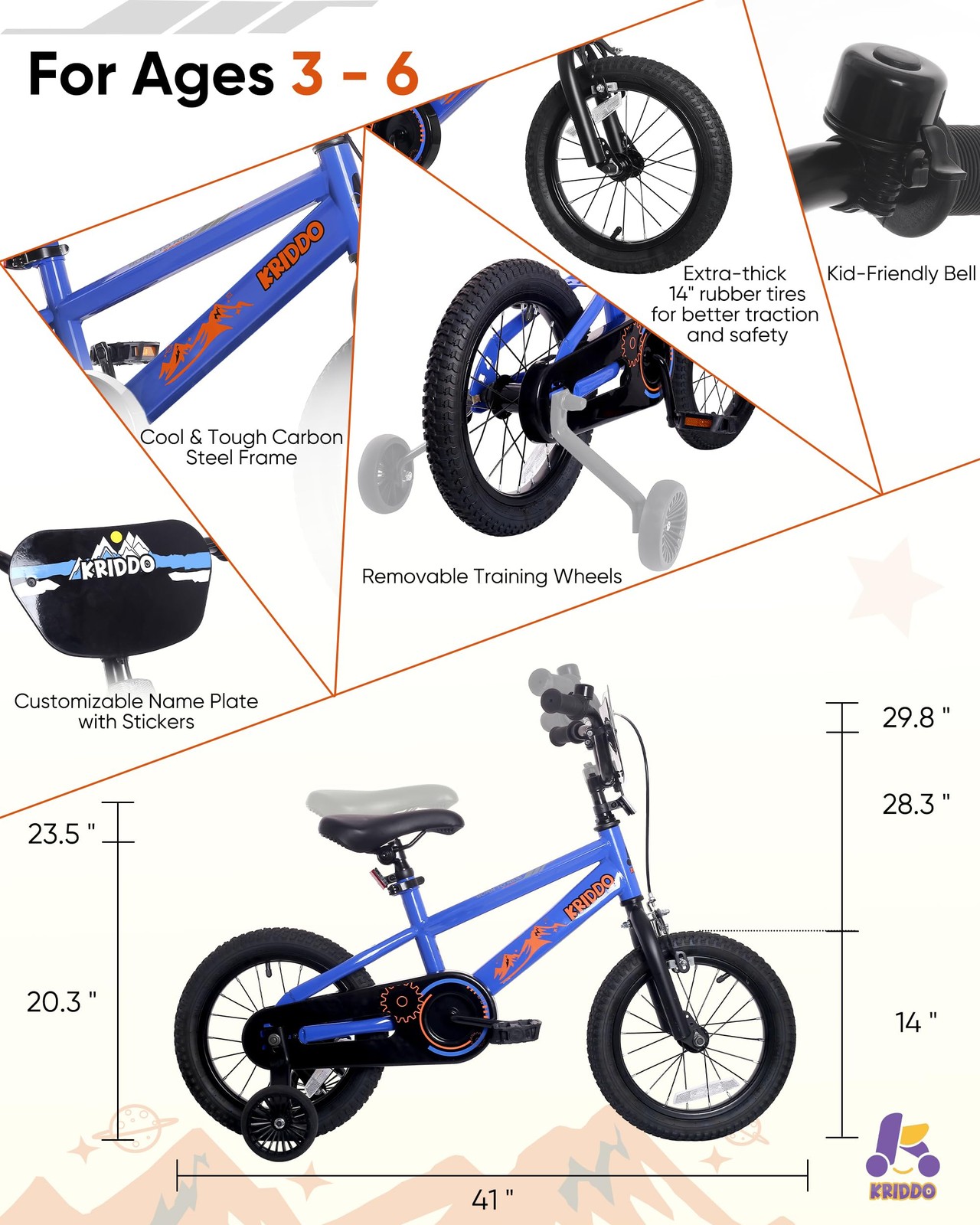 Kriddo 14-16 Inch Kids Bike For Ages 38 Boys And Girls Bicycle Removable