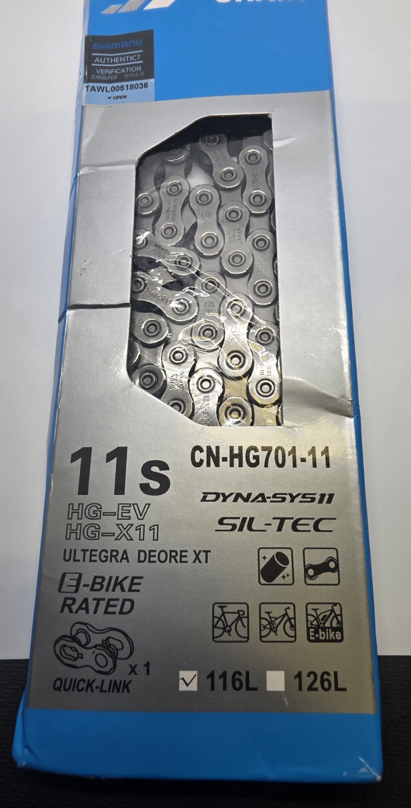 Shimano Ultegra Deore XT Sil-Tec 11 Speed Chain. E-bike Rated (CN-HG701-11)