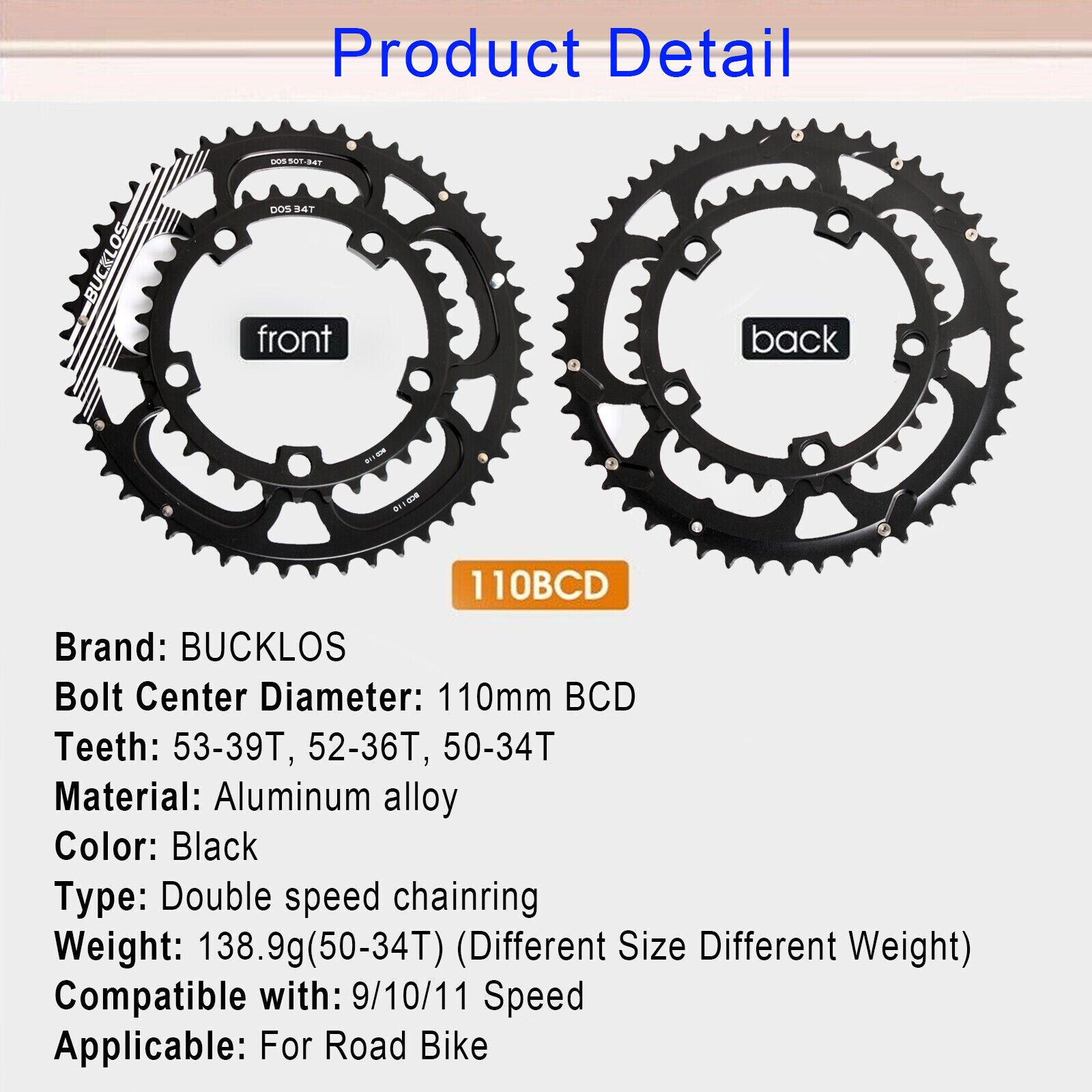 110BCD 34T-53T Road Bicycle Chainring Double Tooth Chain Ring Aluminum US STOCK