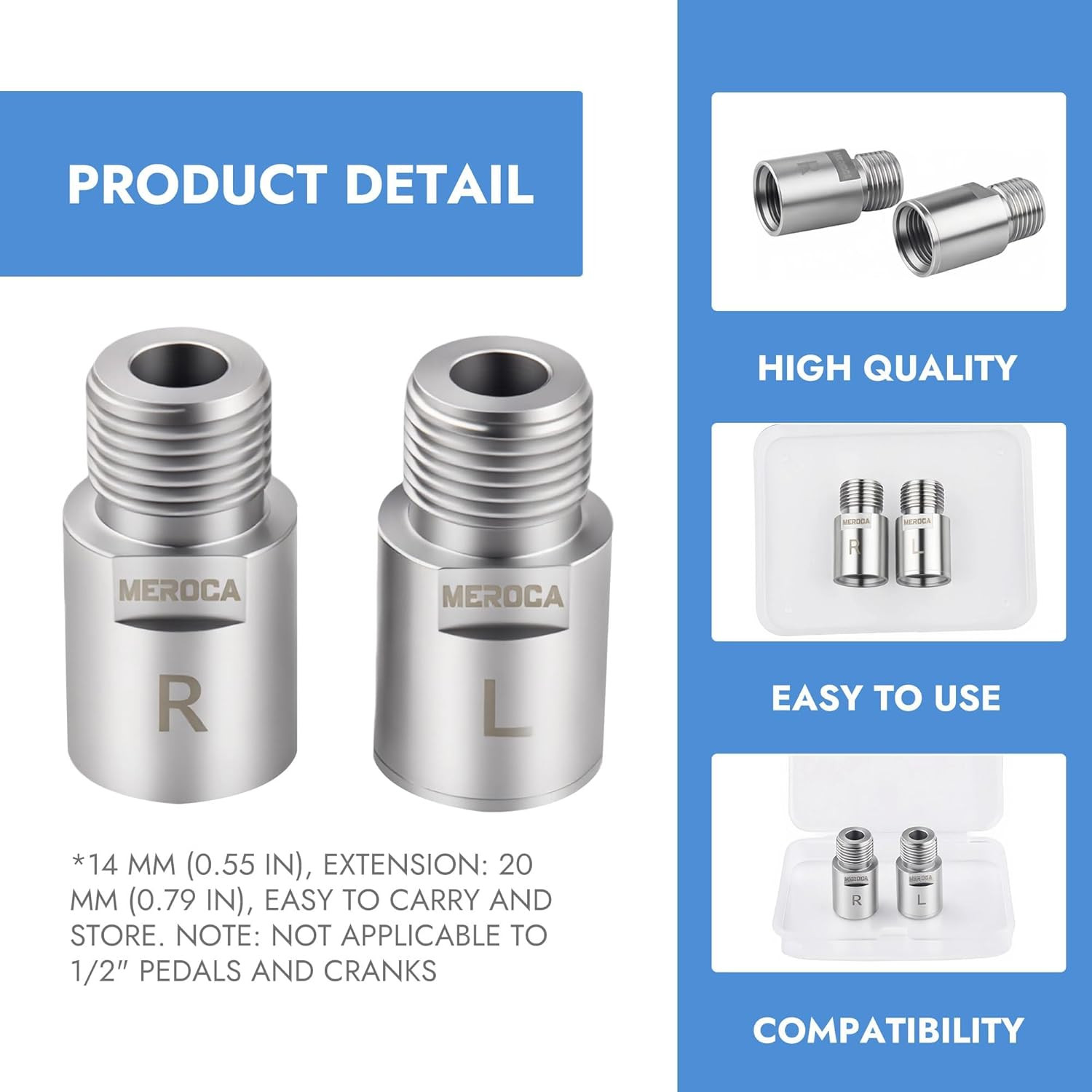 Heavy-Duty Steel Bike Pedal Extenders, 20mm Extension Spacers (1 Pair, Silver)