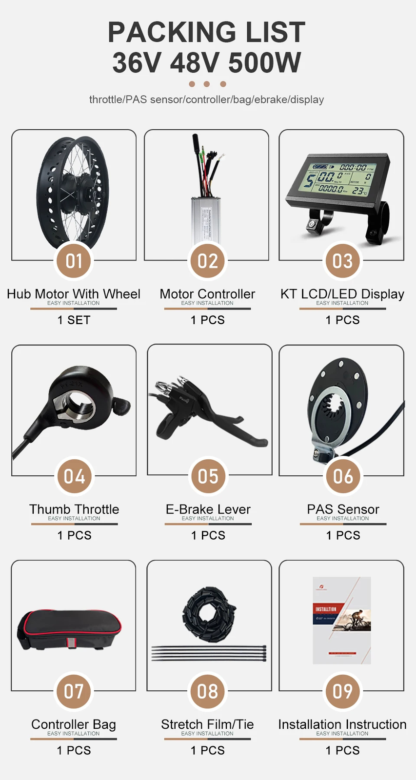 Snow E-bike Conversion Kit 20/26 in 36V 48V 500W Front Brushless Hub Motor Wheel