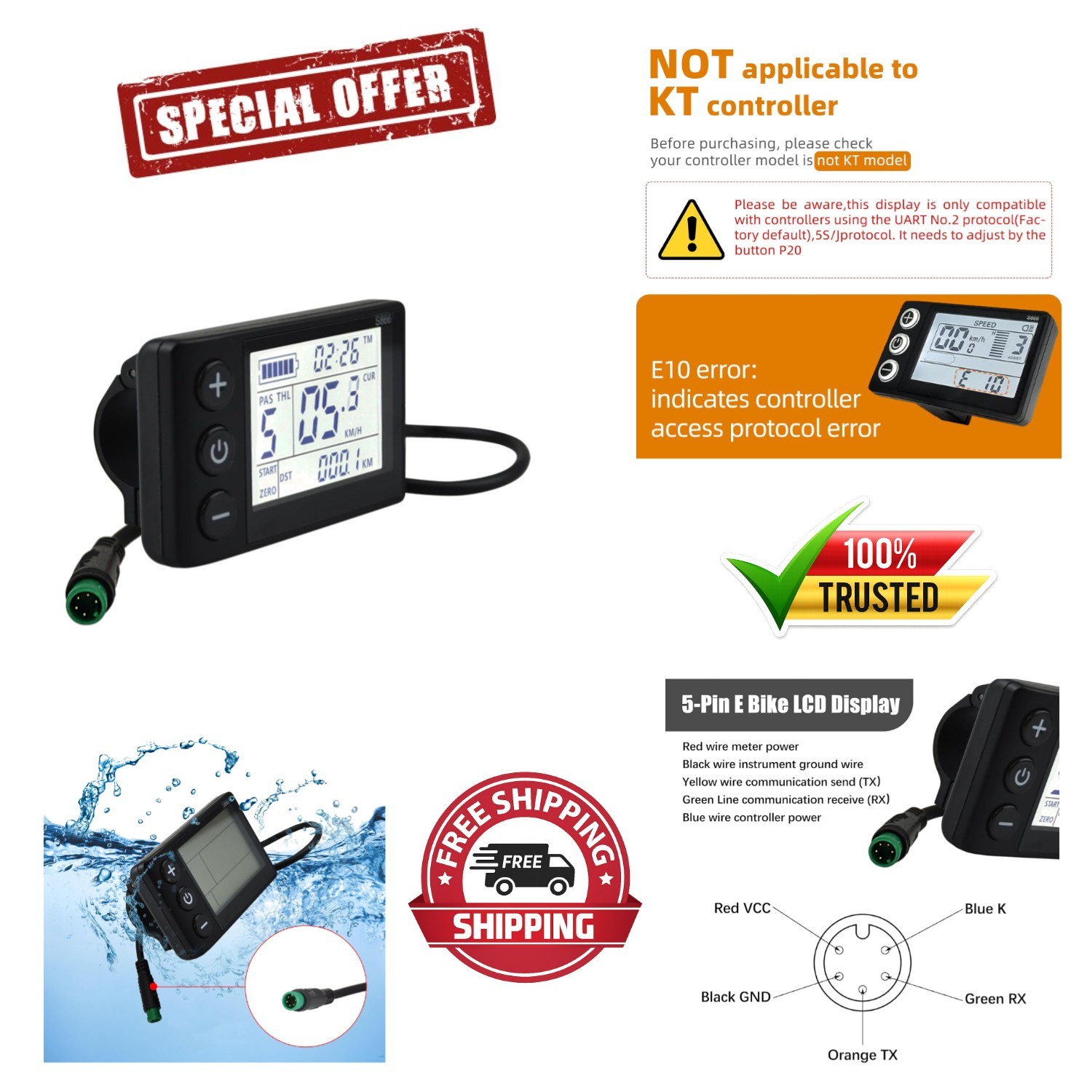 Waterproof Ebike Control Panel with Backlight LCD & Speedometer Functions