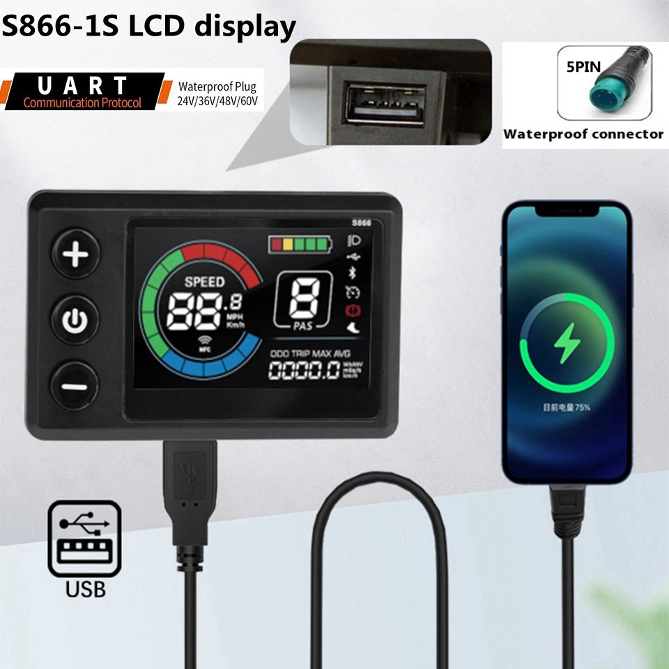 Ebike Meter 24V 36V 48V 60V S866-1S Color Display Control Panel 5PIN WP Plug US