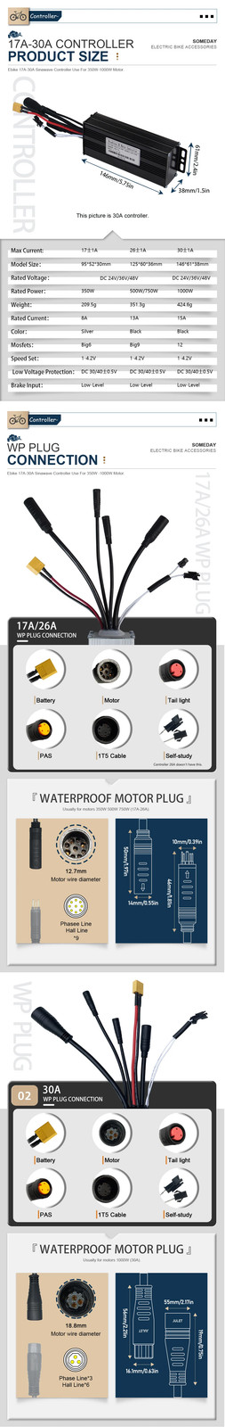 Ebike Three-Mode 17A-30A Sinewave Waterproof Controlle 24V-48V 250W-1000W Motor