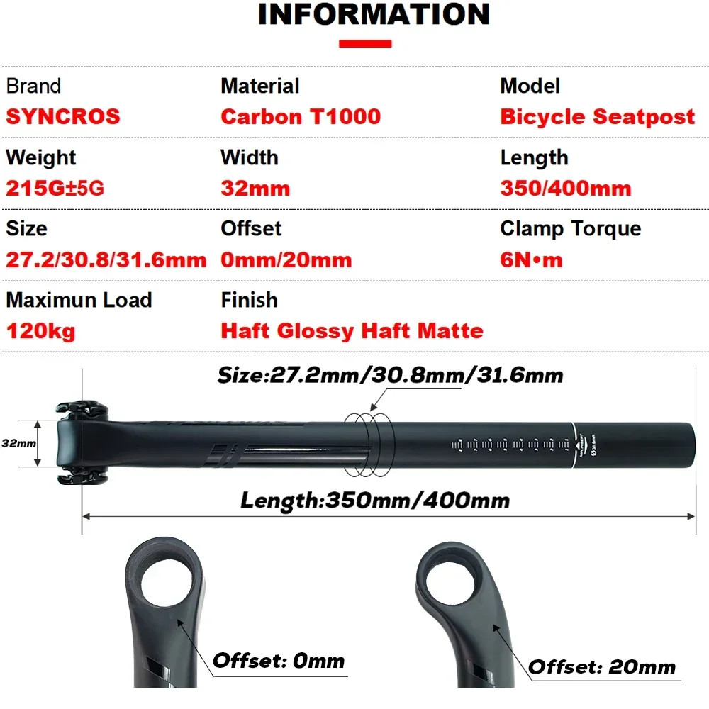 Carbon Seatpost 350/400mm Length MTB/Road Bicycle Half Matte Gloss Seat Tube
