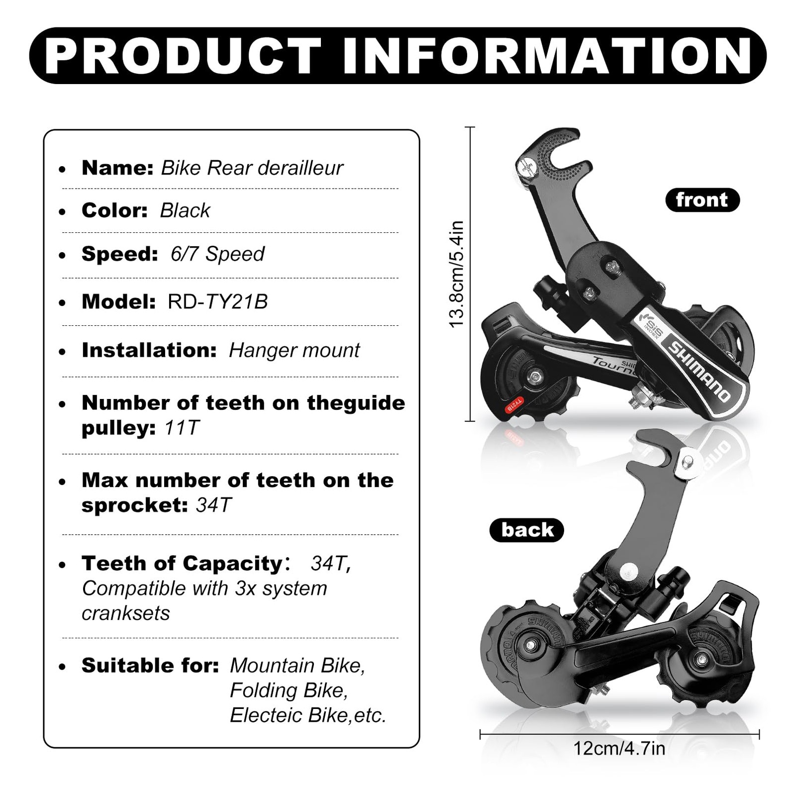 Rear Derailleur RD-TY21B 6/7 Speed Direct/Hanger Mount for Mountain Bike