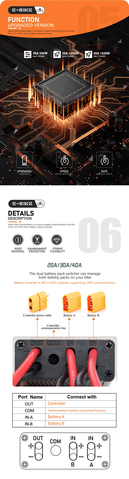 Electric Bike Double Battery Discharge Converter DC10-100V 20A 30A 40A 36V 48V