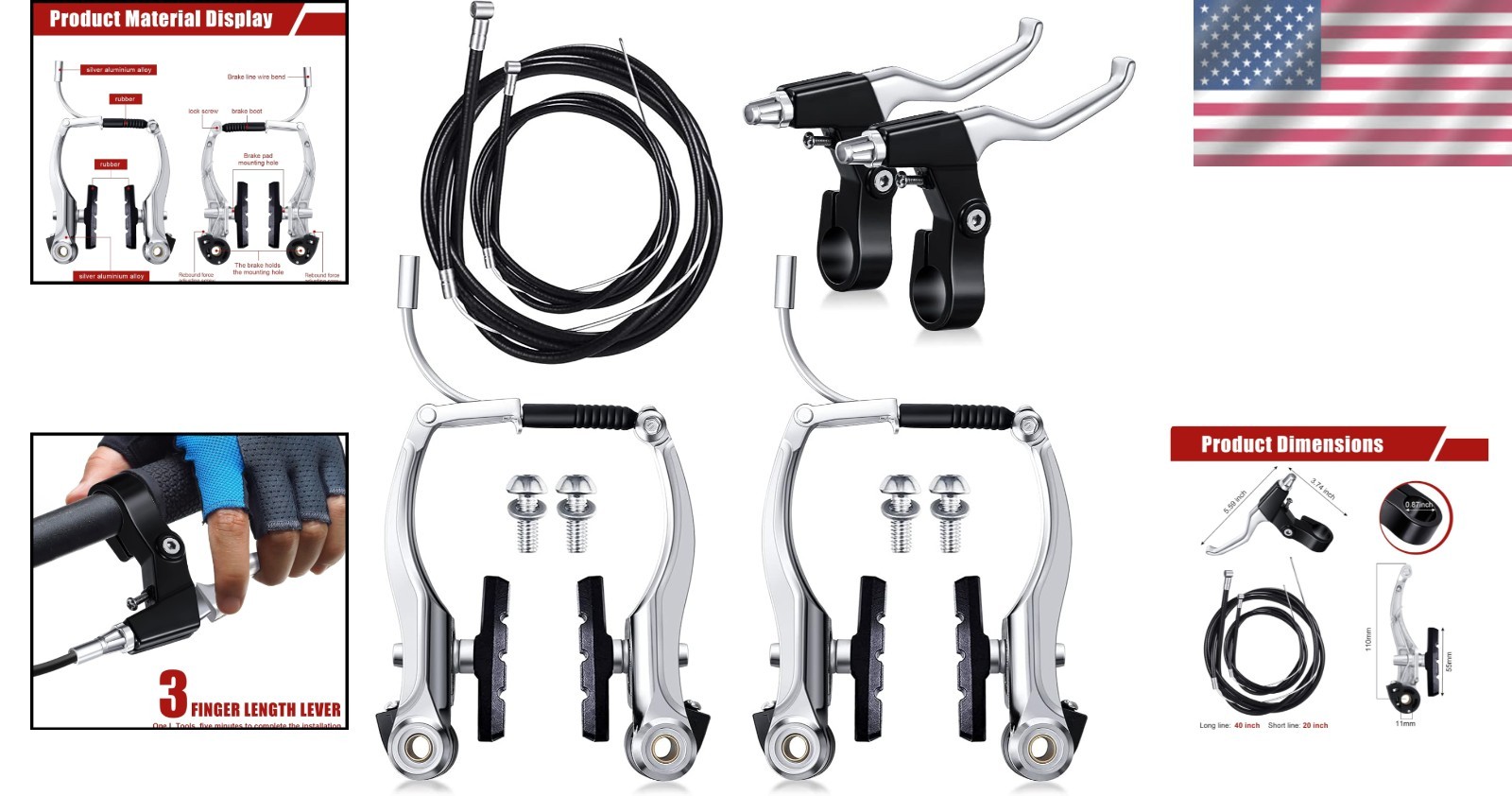 Bike Brake Set V-type Aluminum Alloy Cables Levers for MTB Road Bikes