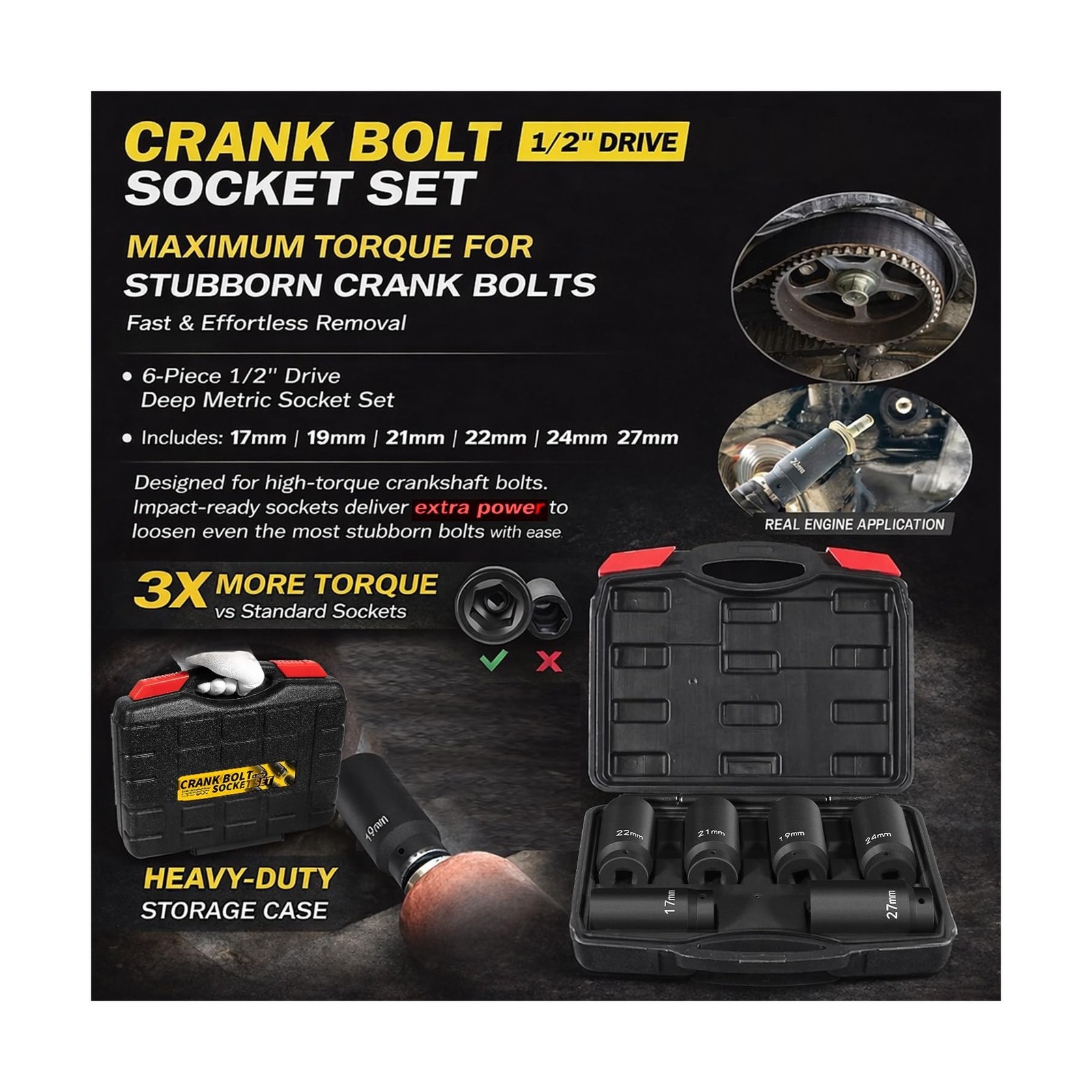 1/2’’ Drive Weighted Crank Bolt Socket Set, 17MM, 19MM, 21MM, 2… F