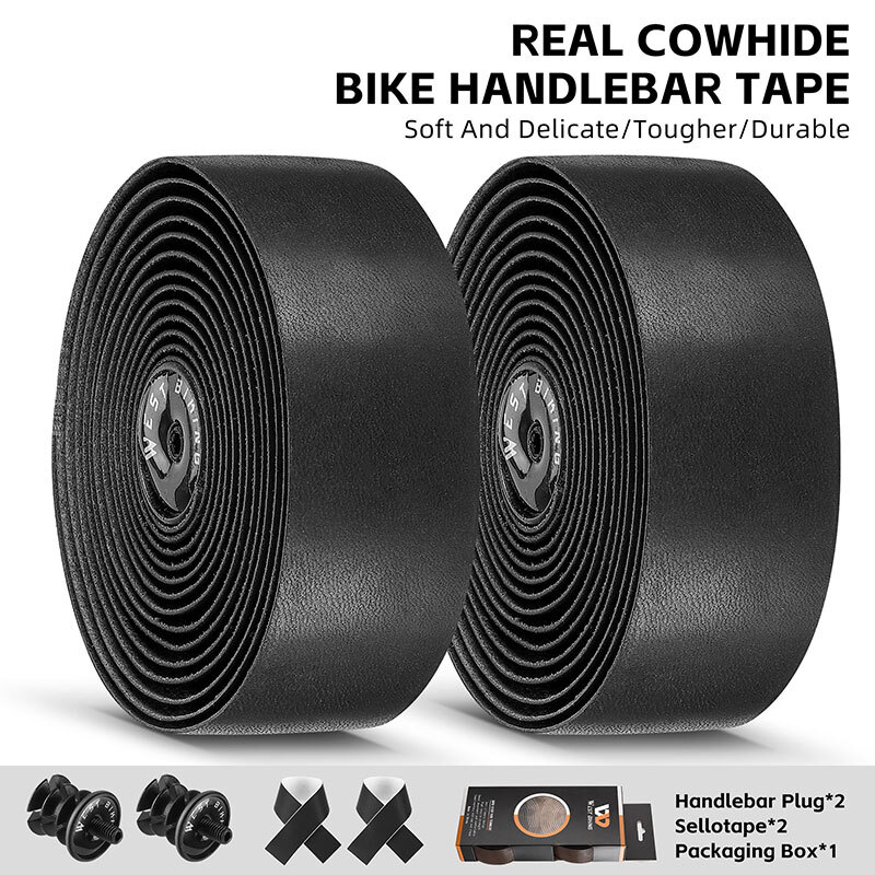 West Biking Road Bike Bicycle Handlebar Tapes Cowhide Leather Handlebar Tape Black One Pair