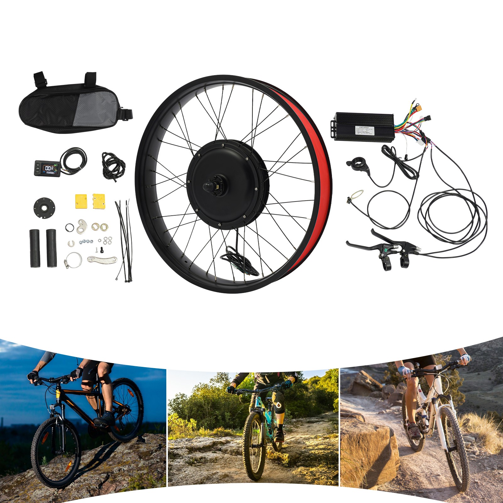 26″ 1500W 48V Front Wheel E-Bike Conversion Kit with LCD Display Thumb Throttle