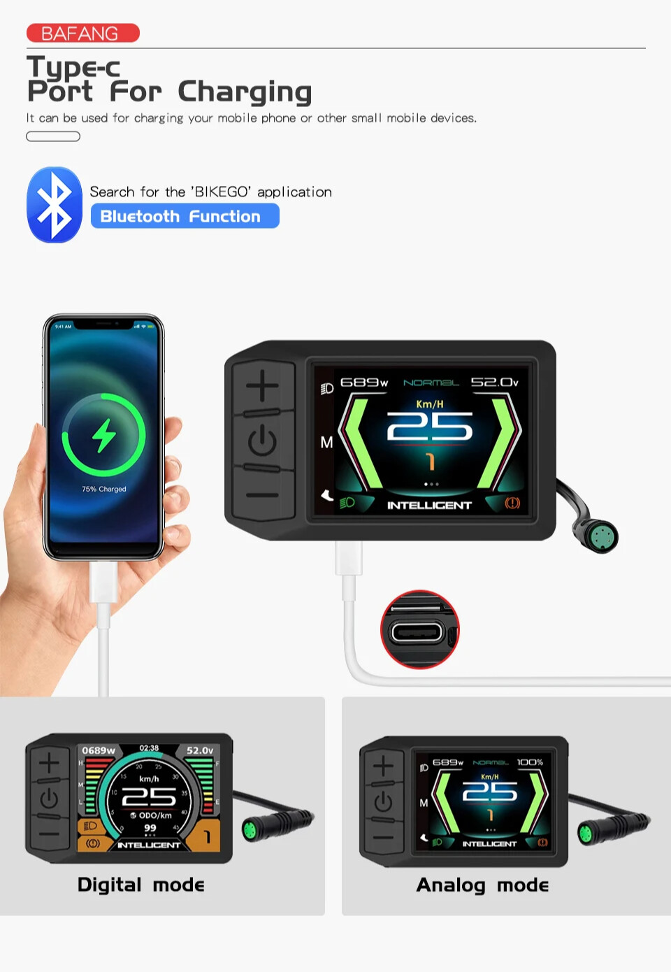 E-bike Display 600C Bluetooth Navigation Multilingual 9 PAS for Mid Drive Motor