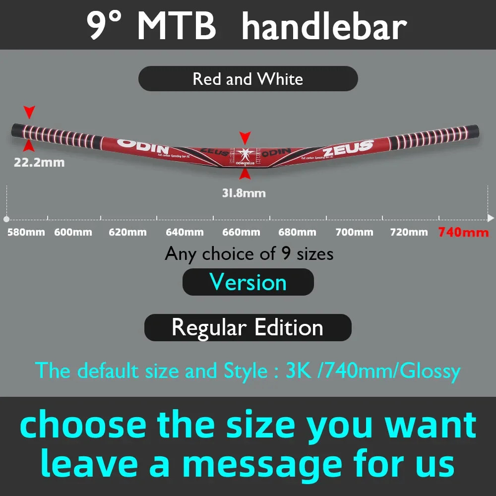 Full Carbon Fiber 9 Degree Mountain Bike Handlebar 31.8mm Clamp 580-800mm