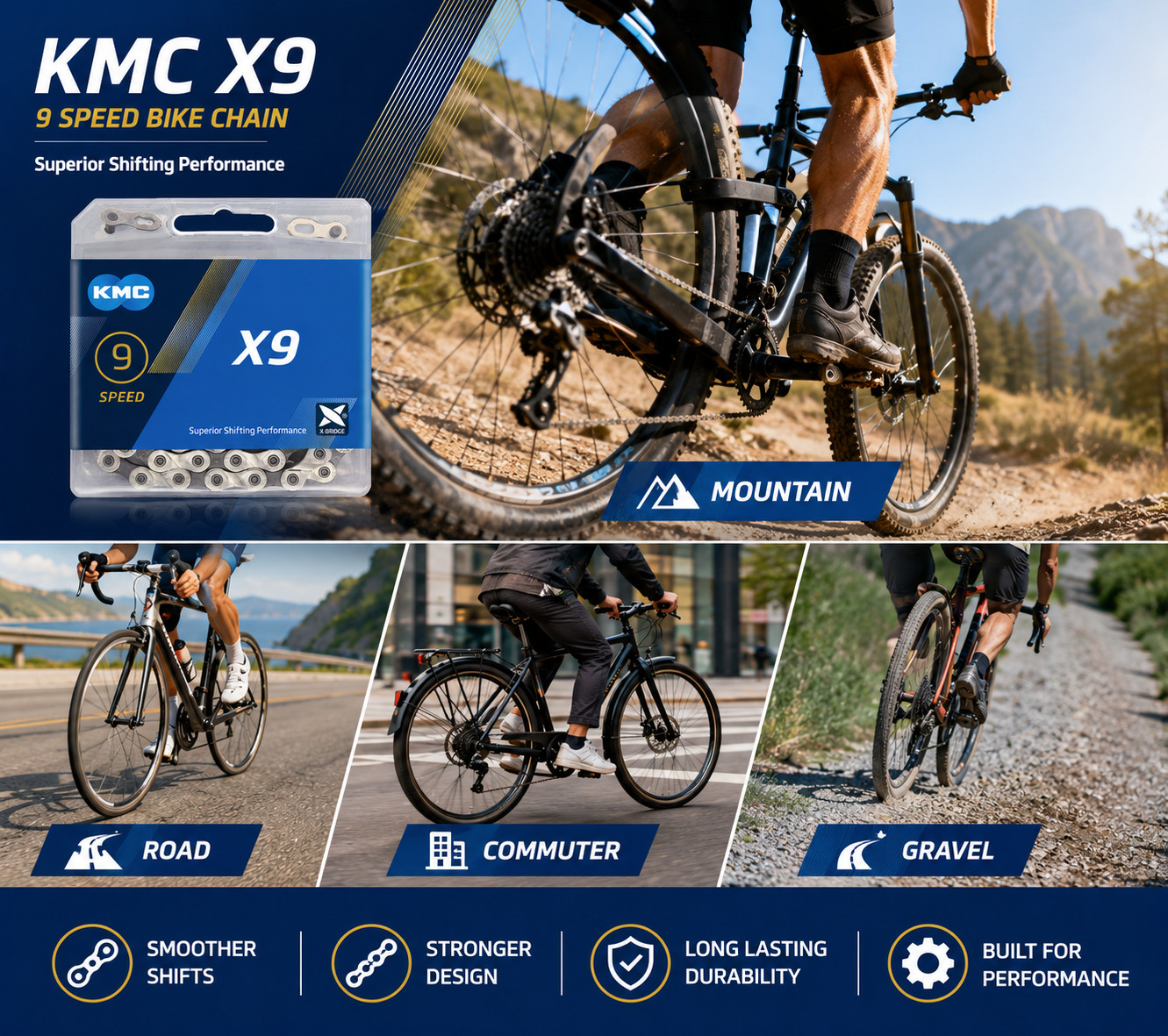 9 Speed Bike Chain 116 Links 1/2» x 11/128» Bicycle Chain KMC X9 Compatible