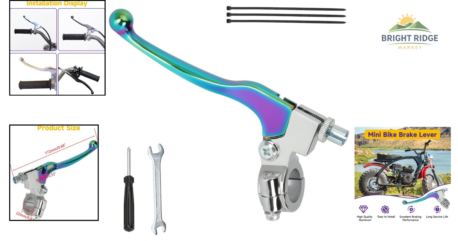 Modern L-shaped Brake Lever for Mini Bikes and Dirt Motorcycles, Rainbow Finish