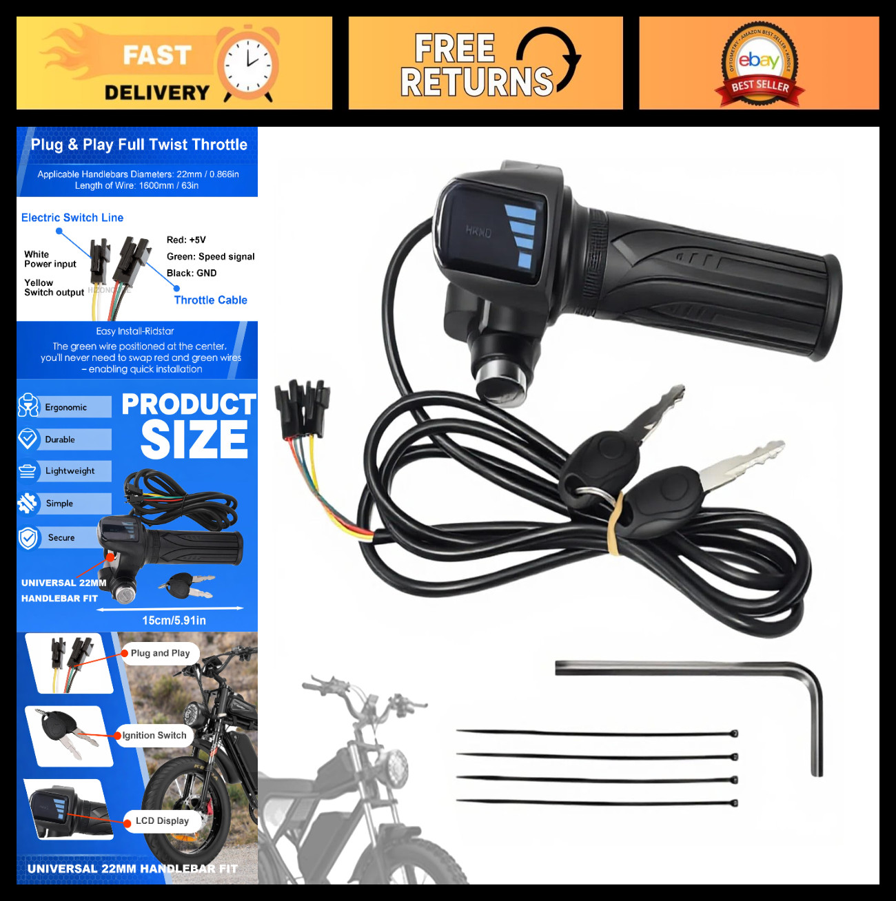 Full Twist Throttle for Ebike, 48V Plug & Play, LCD Display, Key Lock, Easy Inst