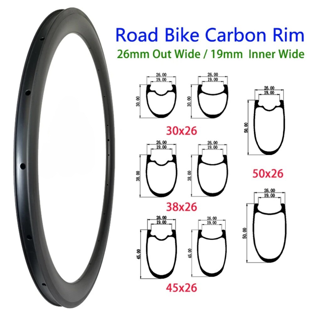 1 Pcs Road Bike Carbon Rim 26mm Wide Tubeless Clincher 30-50mm Depth 700c