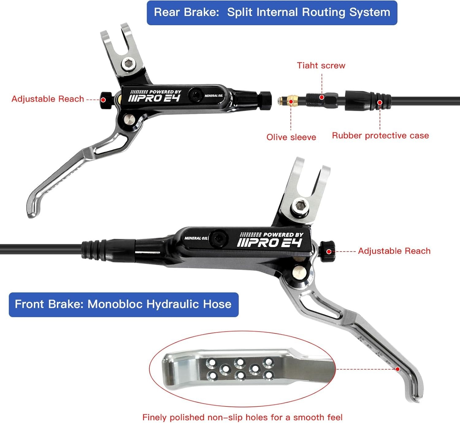 ZTZ IIIPRO E4 MTB Hydraulic Disc Brake Set, 4-Piston Hydraulic Brake Kit for MTB