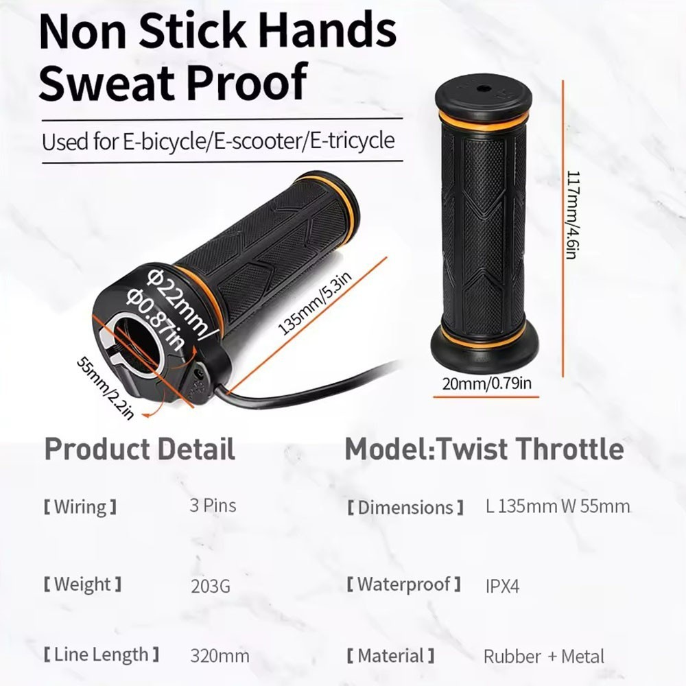 Electric Bicycle Full Twist Throttle Grip 12V-72V Twist Throttle 3 Pin WP Plug
