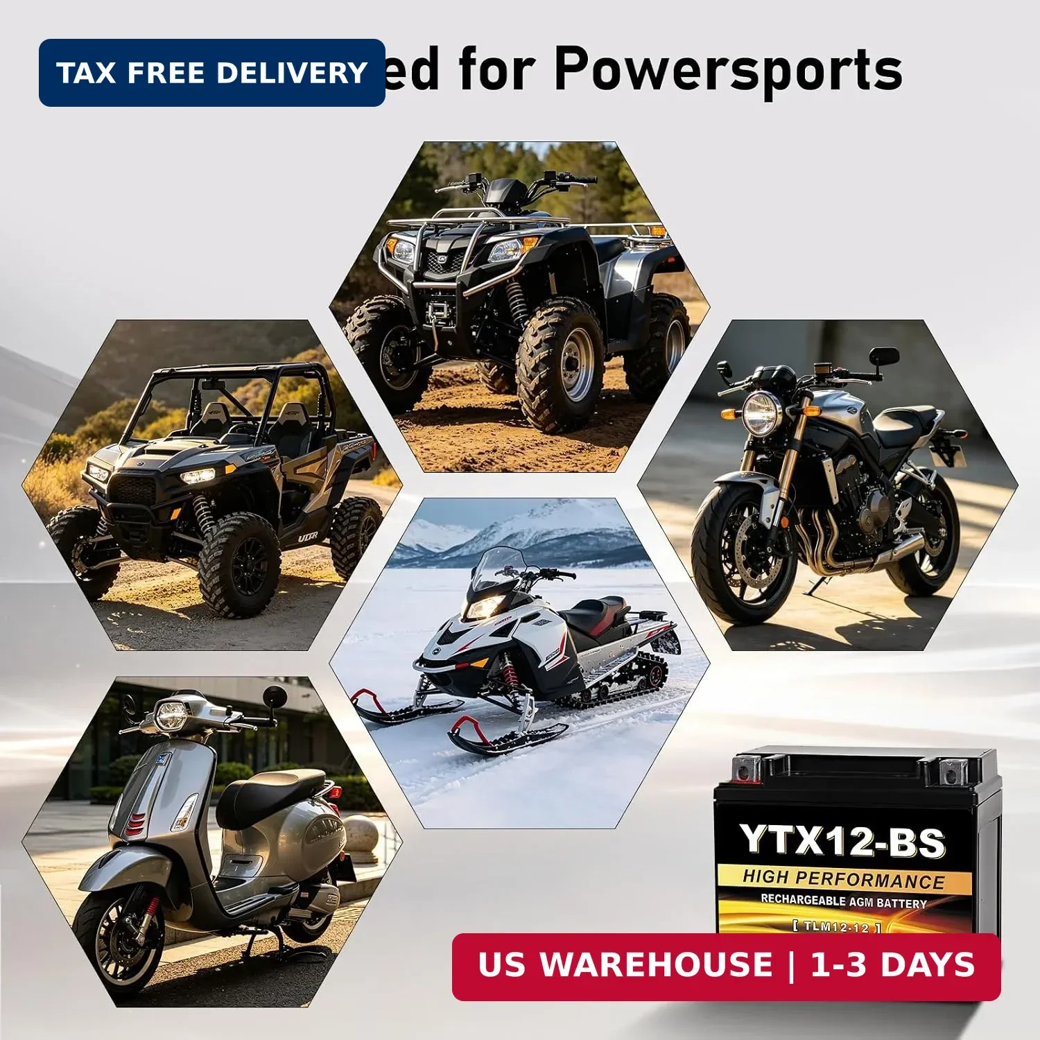 YTX12-BS 12V 10Ah AGM Sealed Motorcycle Battery, Maintenance-Free, Compatible wi