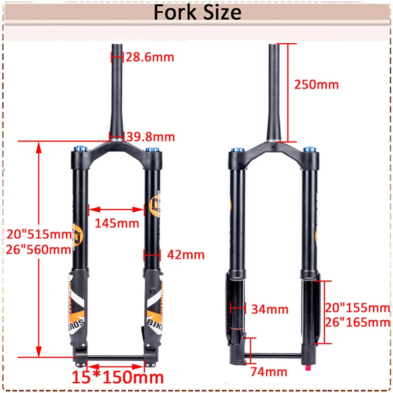 20in Inverted Thru Axle Suspension Air Fork Travel 140mm Snow/Beach E-bike Fork