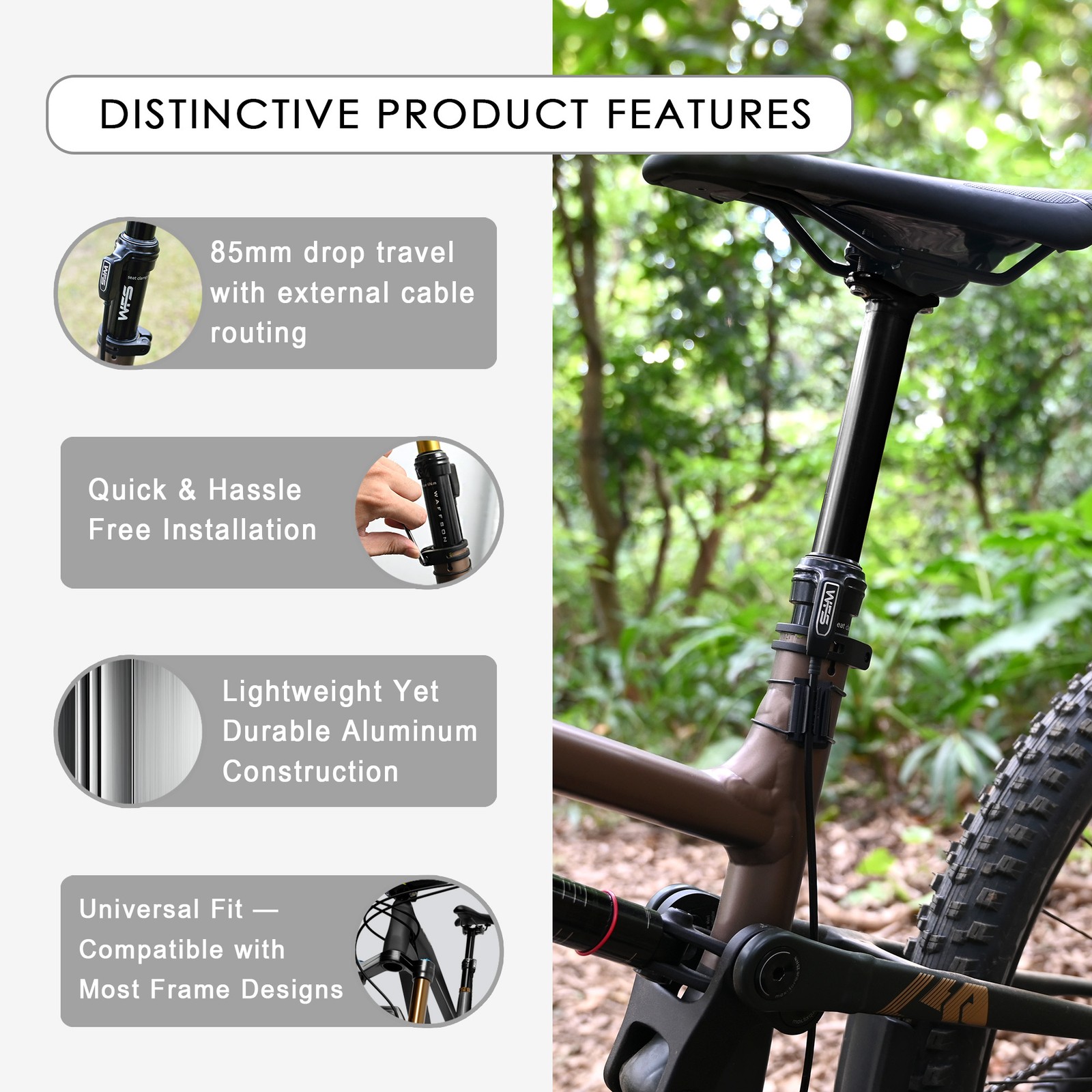 WFS Vresa Remote External Dropper Post 27.2X350 mm Travel 85mm, Black