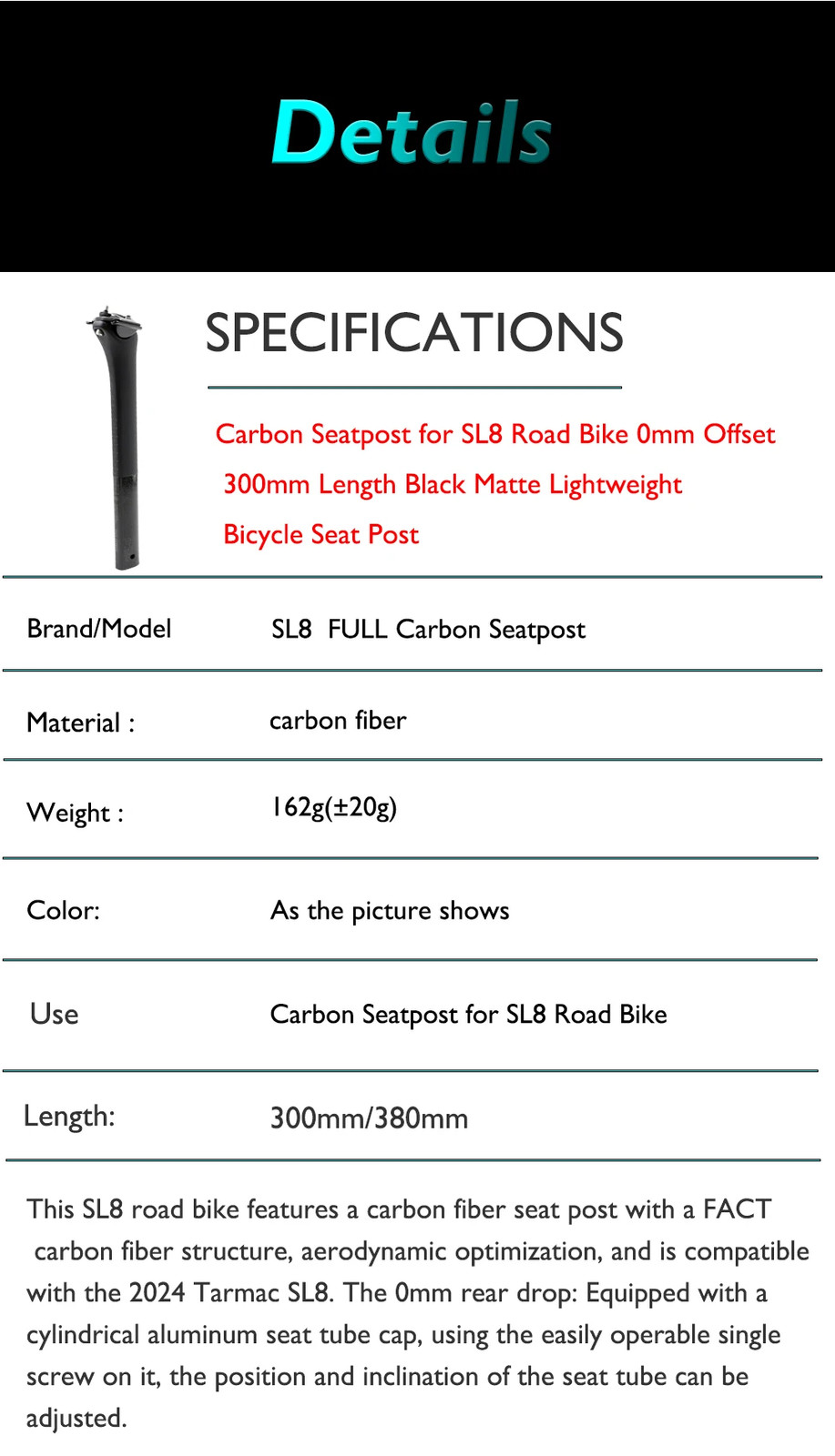 Carbon Fiber Seatpost Ultralight Road Bike Seatpost Matte 300mm/380mm 0mm Offset