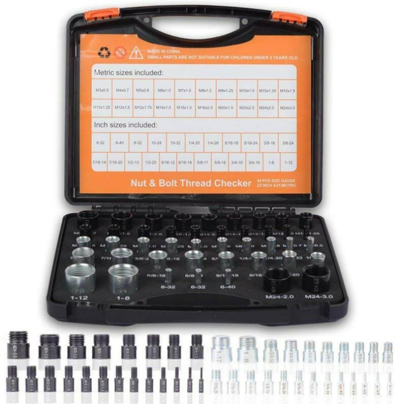 Inch & Metric Sizes Bolt/Nut Identifier 44pcs Nut/ Bolt Thread Checker Gauge Box
