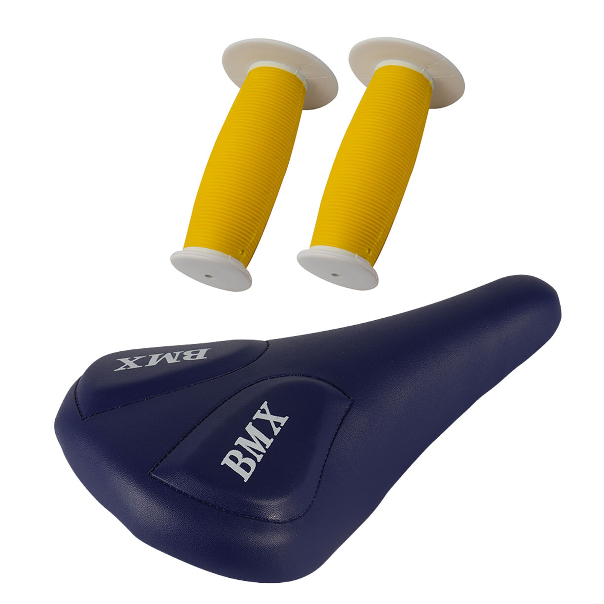 PRO+ Blue BMX Vinyl Saddle & Yellow/White Mushroom Grips BMX BIKE