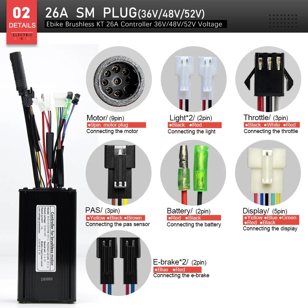 E-bike Controller 36V 48V 52V 26A Waterproof Sinewave Controller 500W 750W