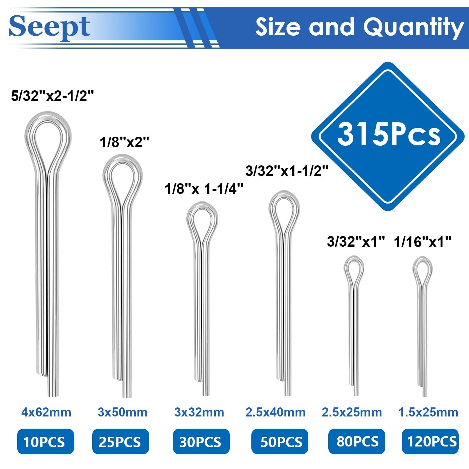 Seept 315Pcs Cotter pins Assortment kit Zinc Plated Steel Silver