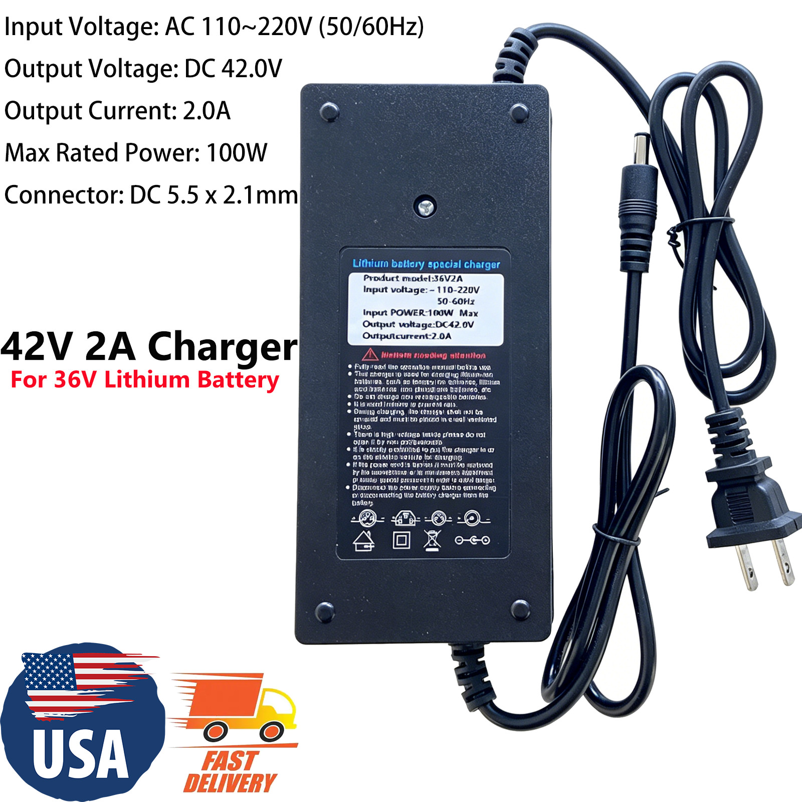 42V 2A Smart Charger DC 5.5×2.1mm Plug for 36V Bicycle Lithium Li-ion Battery US