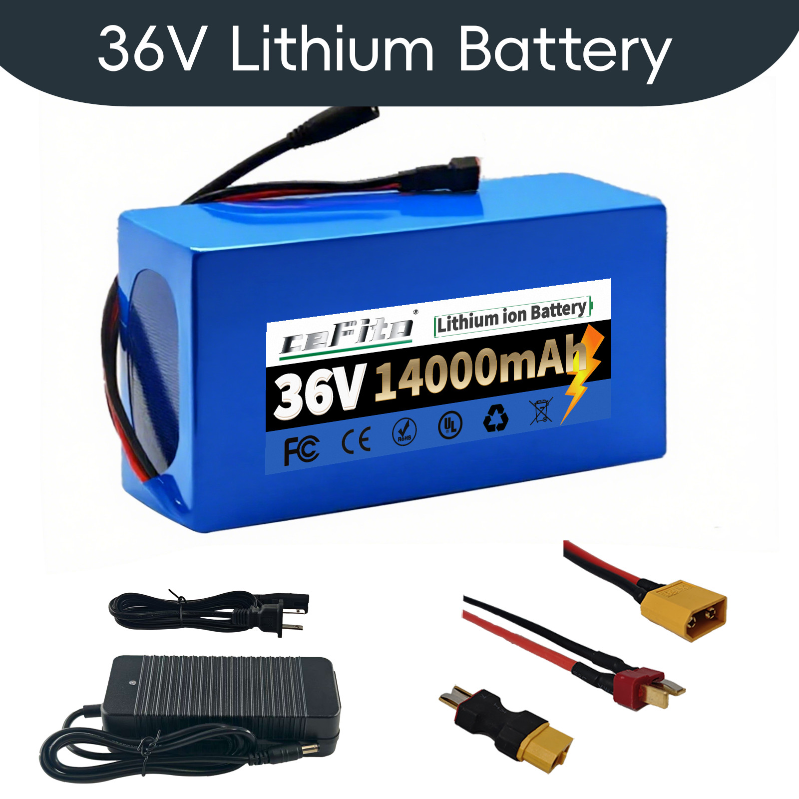 36V 14Ah Battery, T-Plug Discharge Port, DC2.5 Charging Port, 7.6 x 4.2 x 2.7 In