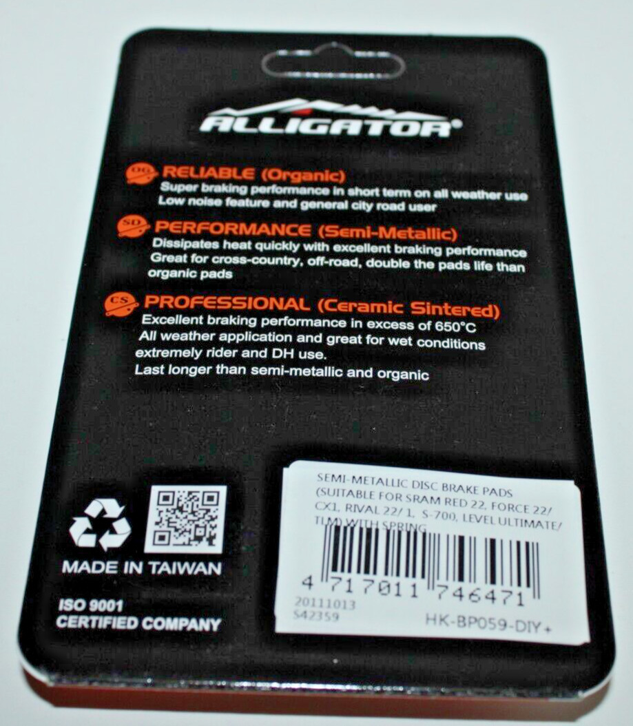 Alligator Semi-Metallic Bicycle Disc Brake Pads SRAM Red 22 Force 22 CX1 Rival
