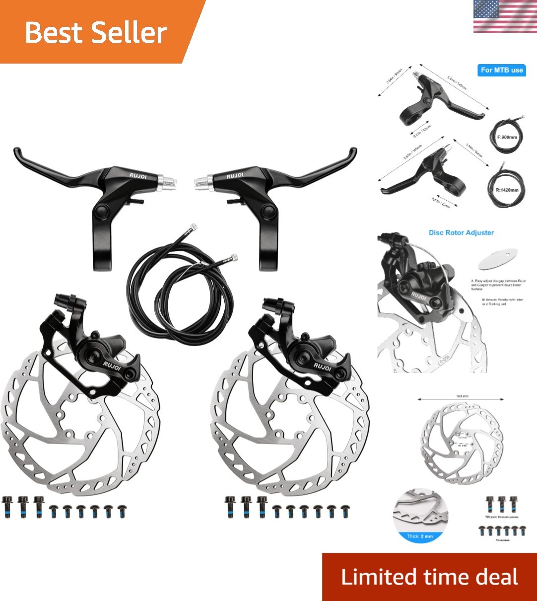 Complete Aluminum Bike Disc Brake Kit with 160mm Rotor & Pad Adjuster
