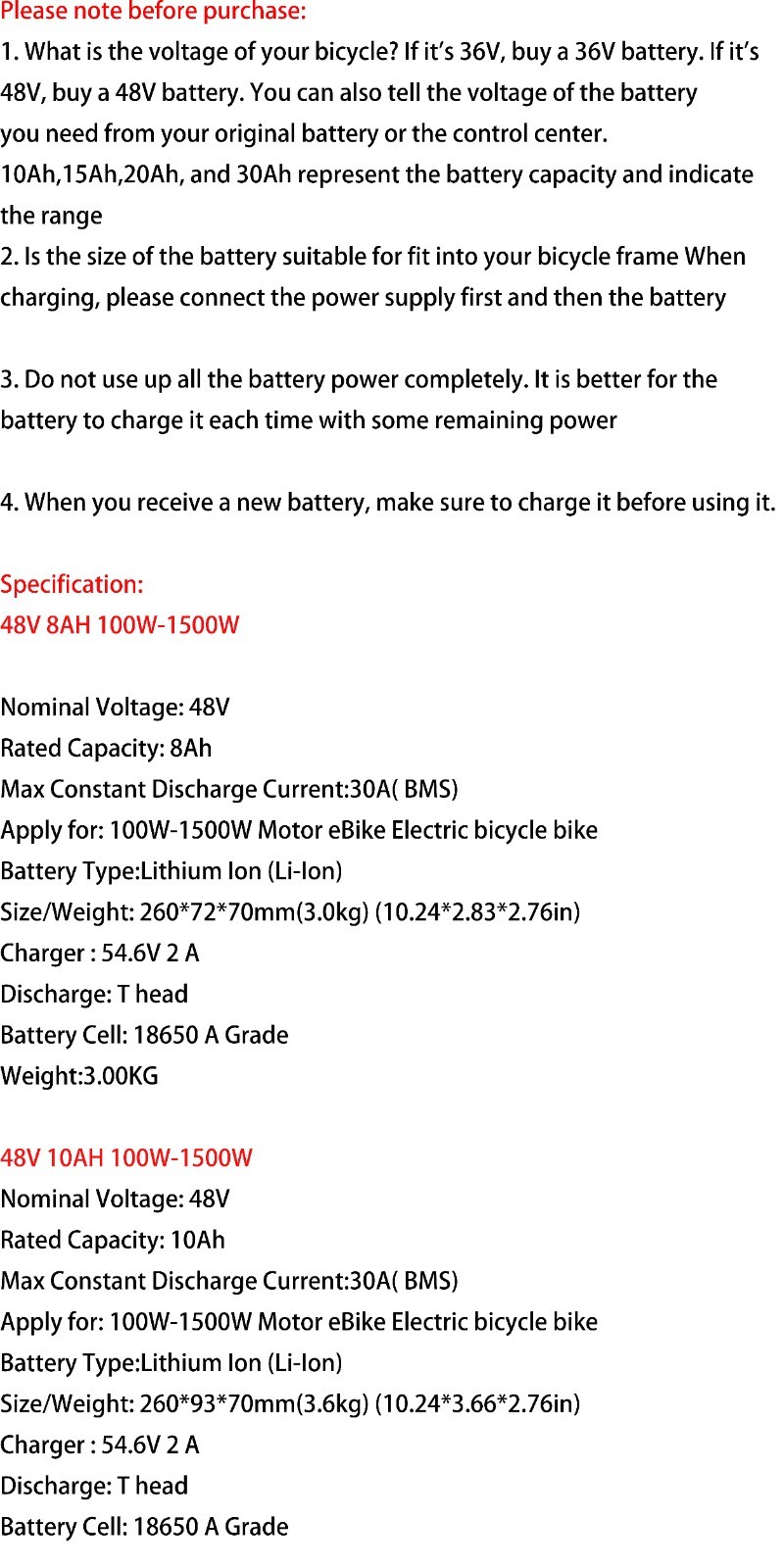 48V 8Ah 10Ah 14Ah 20Ah Lithium Batetry for 20W-1200W Electric Bike Ebike Scooter
