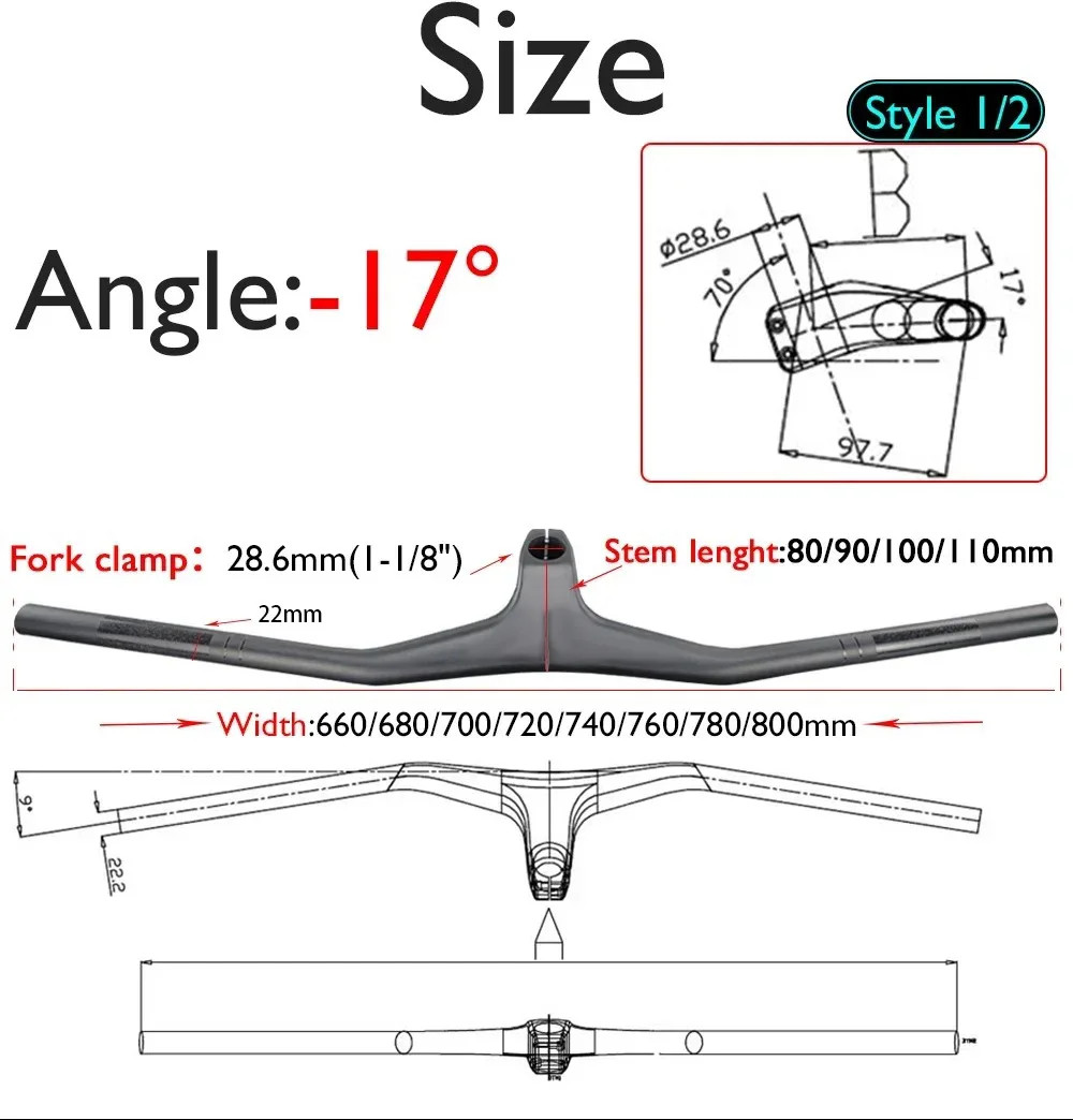 Mountain Bicycle Full Carbon One Shaped Integrated 7°/-17° Angle Clamp 28.6mm