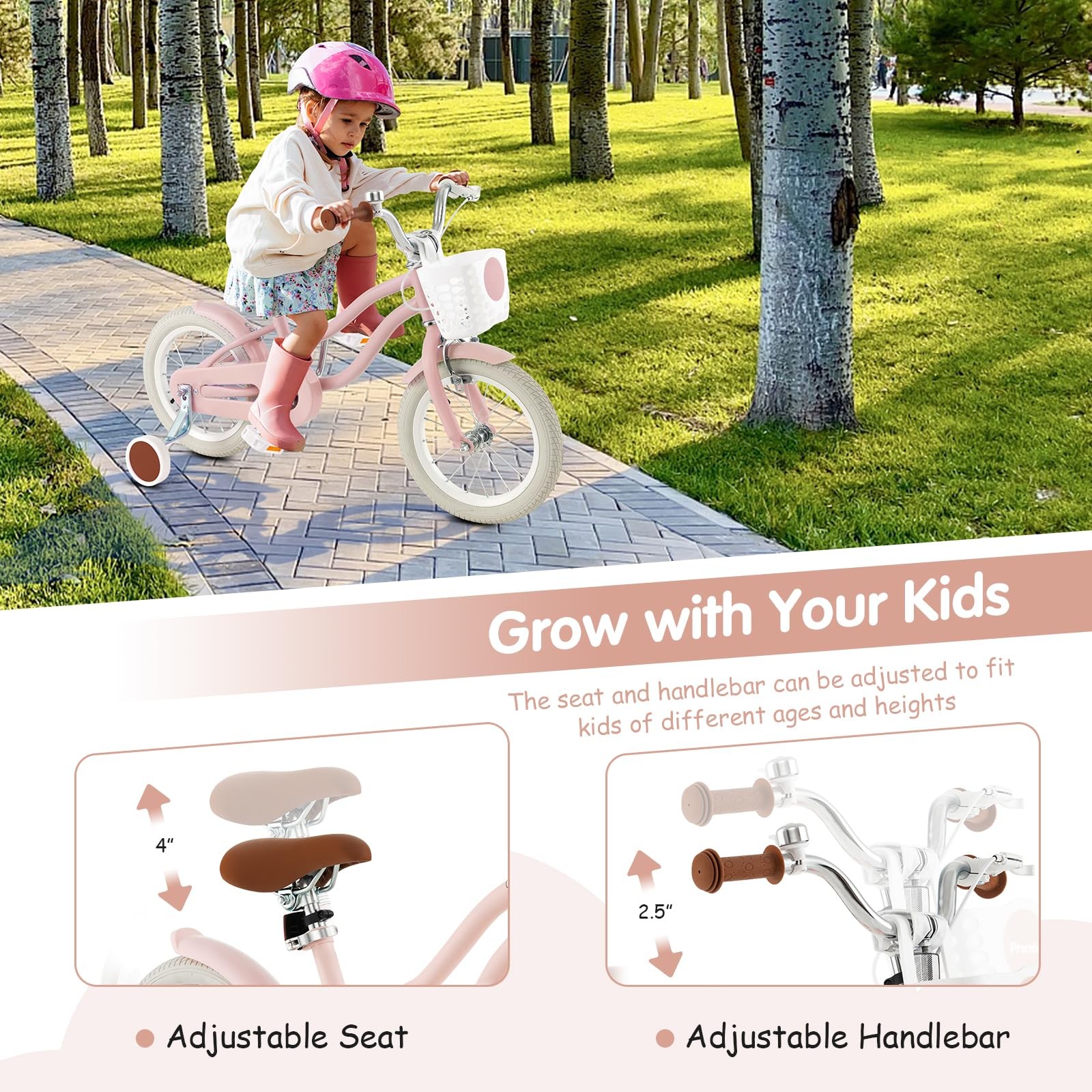 Honey Joy Kids Bike 14 Inch Pink Toddler Bikes W/Training Wheels Brake Fully