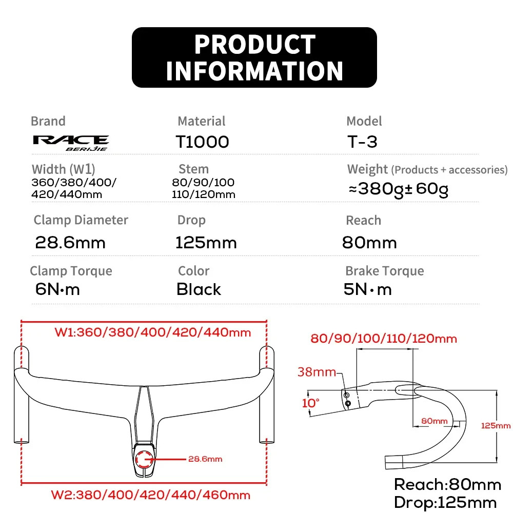 Full Carbon Internal Cable Integrated Road Bike Handlebar -10 Degree 360-420mm