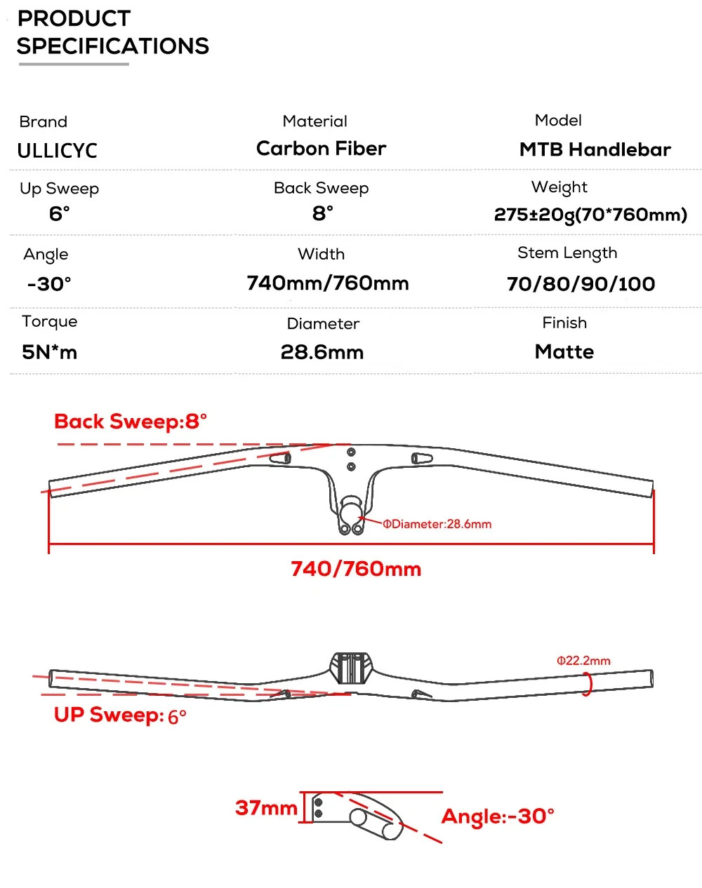 -30 Degree Full Carbon Fiber Internal Cable Integrated Cockpit MTB Handlebar