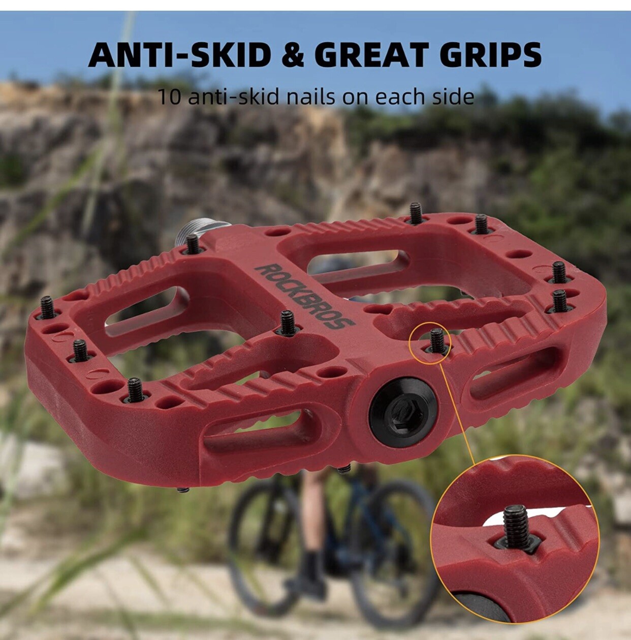 2 ROCKBROS Mountain Bike Pedals Nylon Composite Bearing 9/16″ MTB Bicycle Pedal