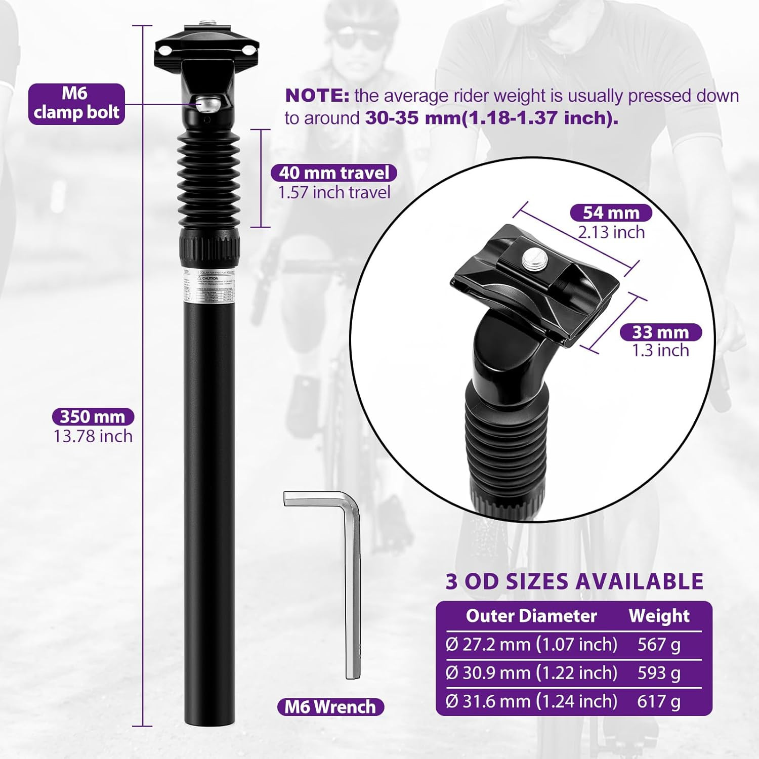 Zoom Bike Suspension Seatpost: 27.2/30.9/31.6 X 350 Mm Shock Absorber Damper Bic