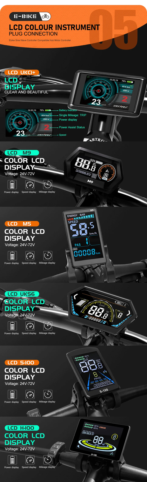 Electric Bike Sinewave 17A26A30A40A Controller Kit 250W-2000W Brushless Motor