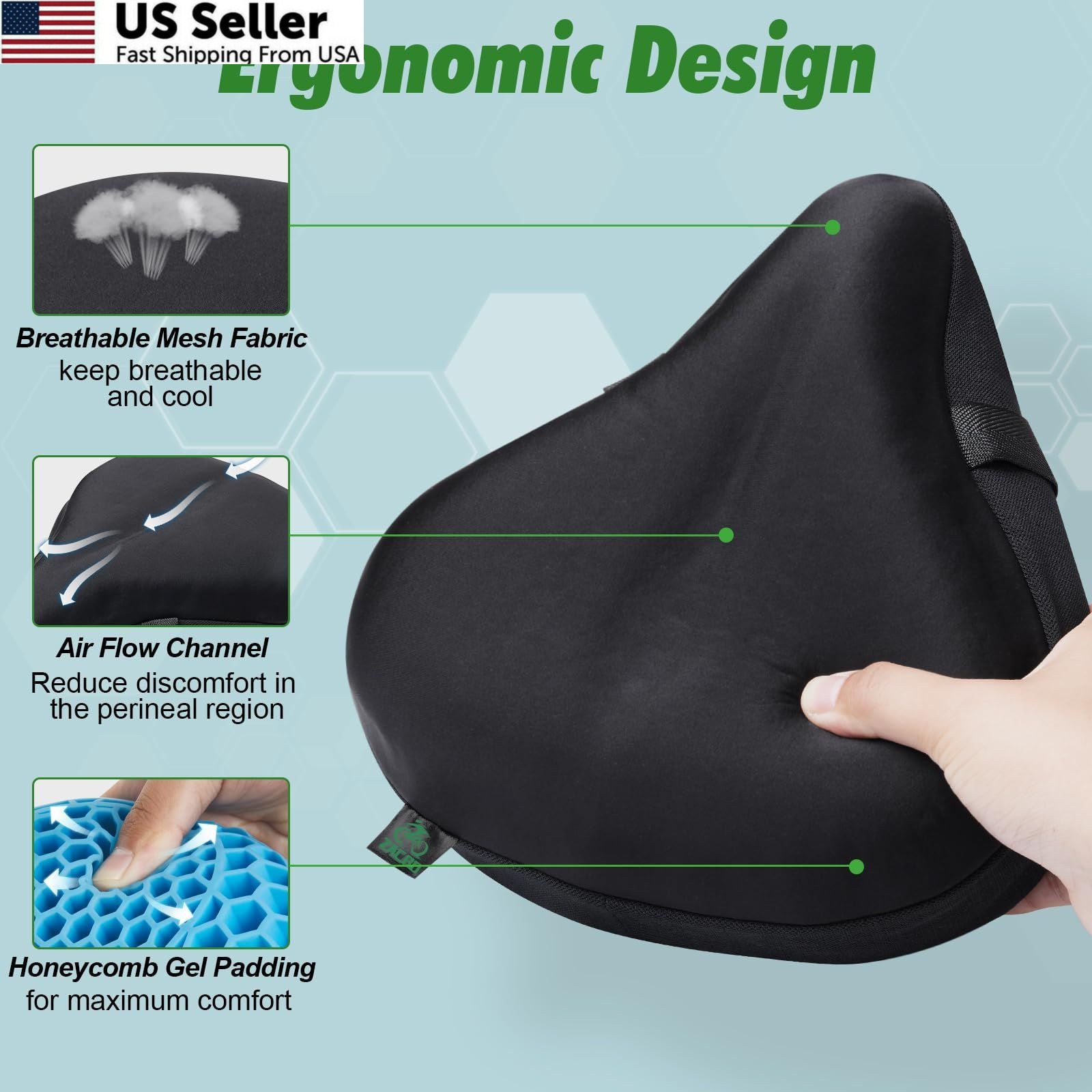Zacro Wide Bike Seat Cushion – Honeycomb Gel Cover for Large, Black