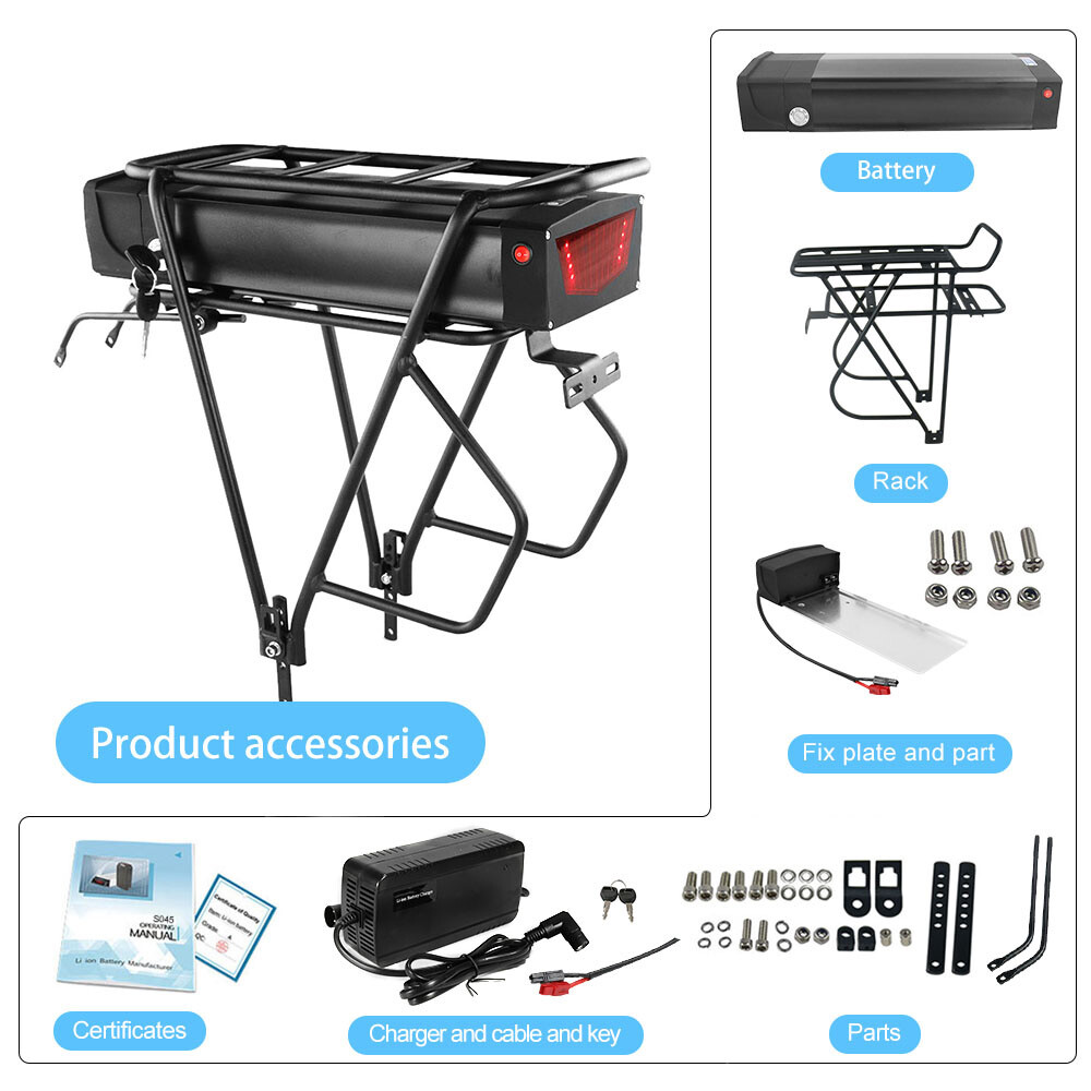 Rack Ebike Battery 36V 48V 52V 72V Battery for 0-3000W Motor with Tail Light