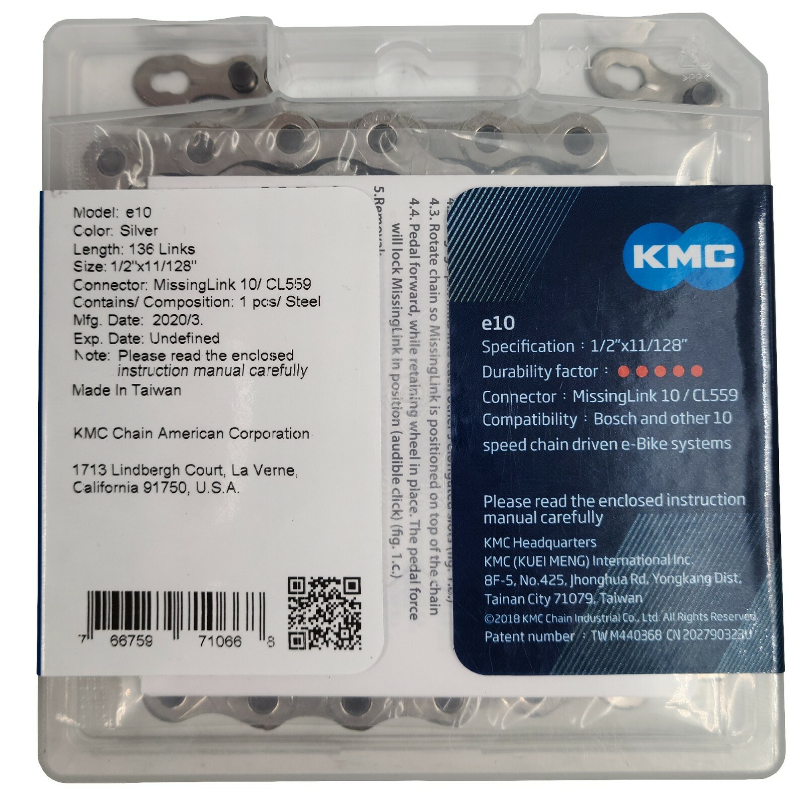 KMC e10 10 Speed Silver Bike Chain e-Bike Ready 136L extra long strong chain