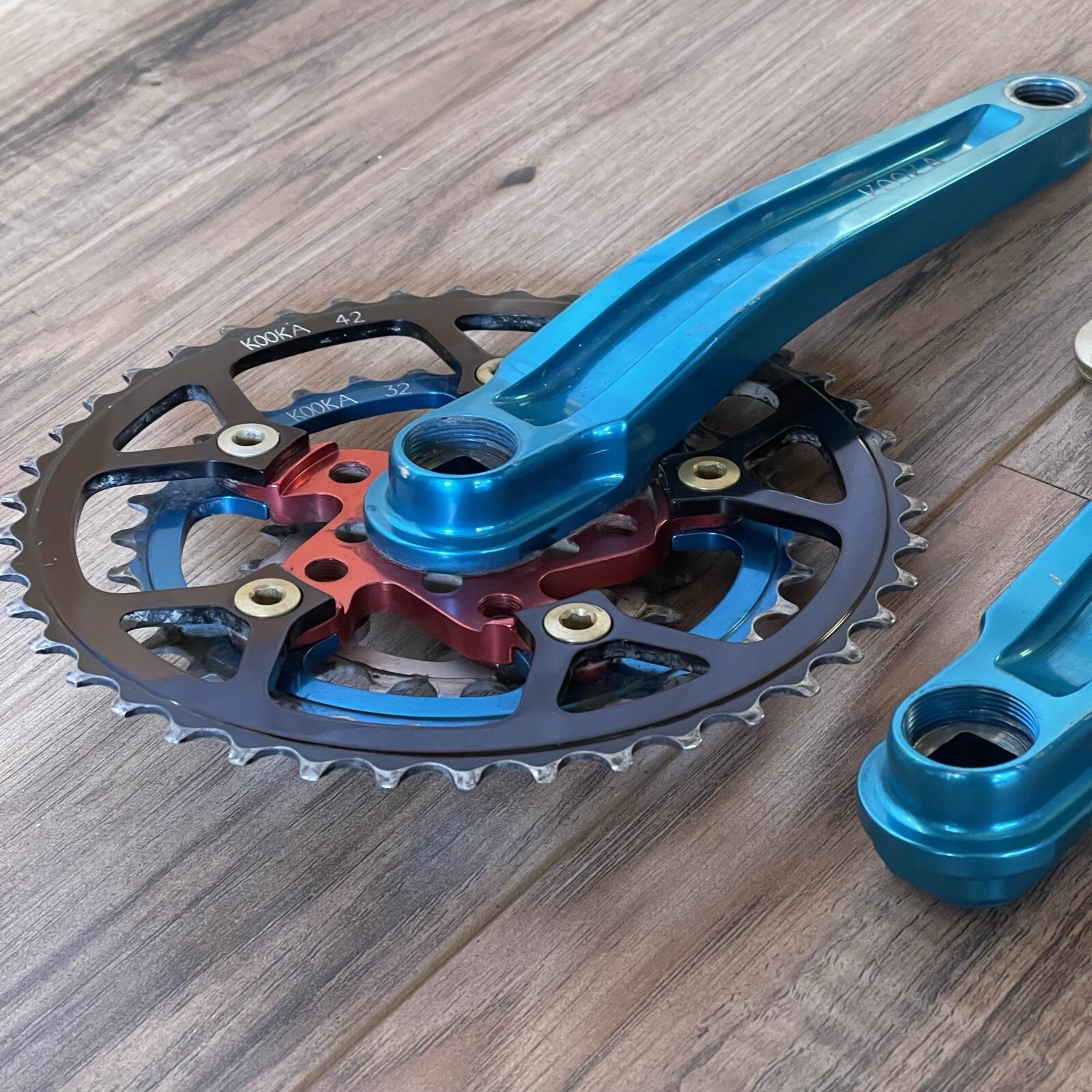 Vintage Kooka CNC Anodized Turquoise Red Crankset 175 94/58 BCD 20 32 42 VRC