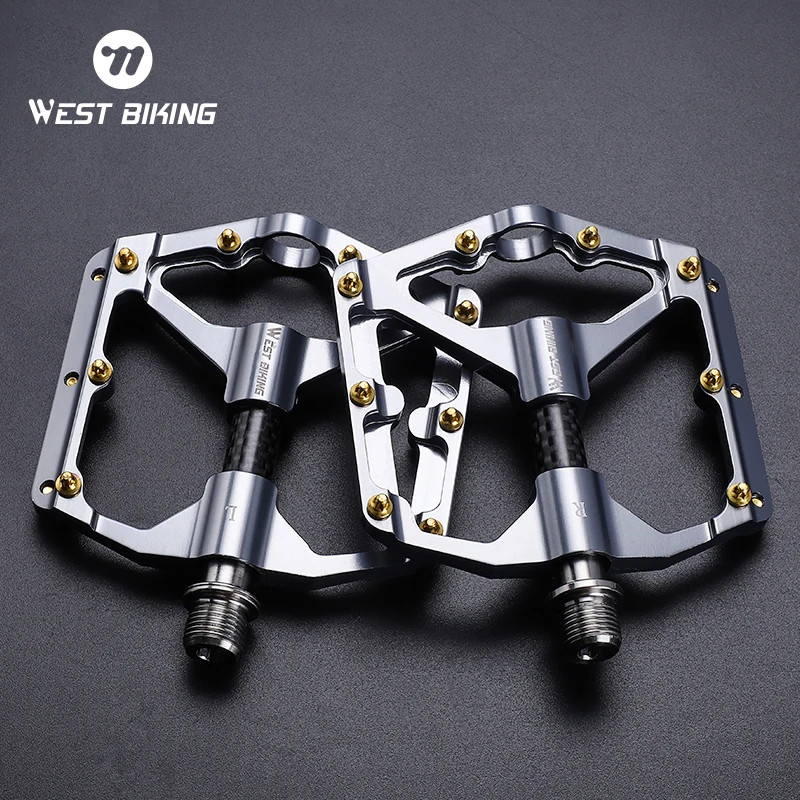 WEST BIKING Bicycle Pedals Carbon Fiber Axle 3 Bearing Bike Pedal 9/16″ Titanium