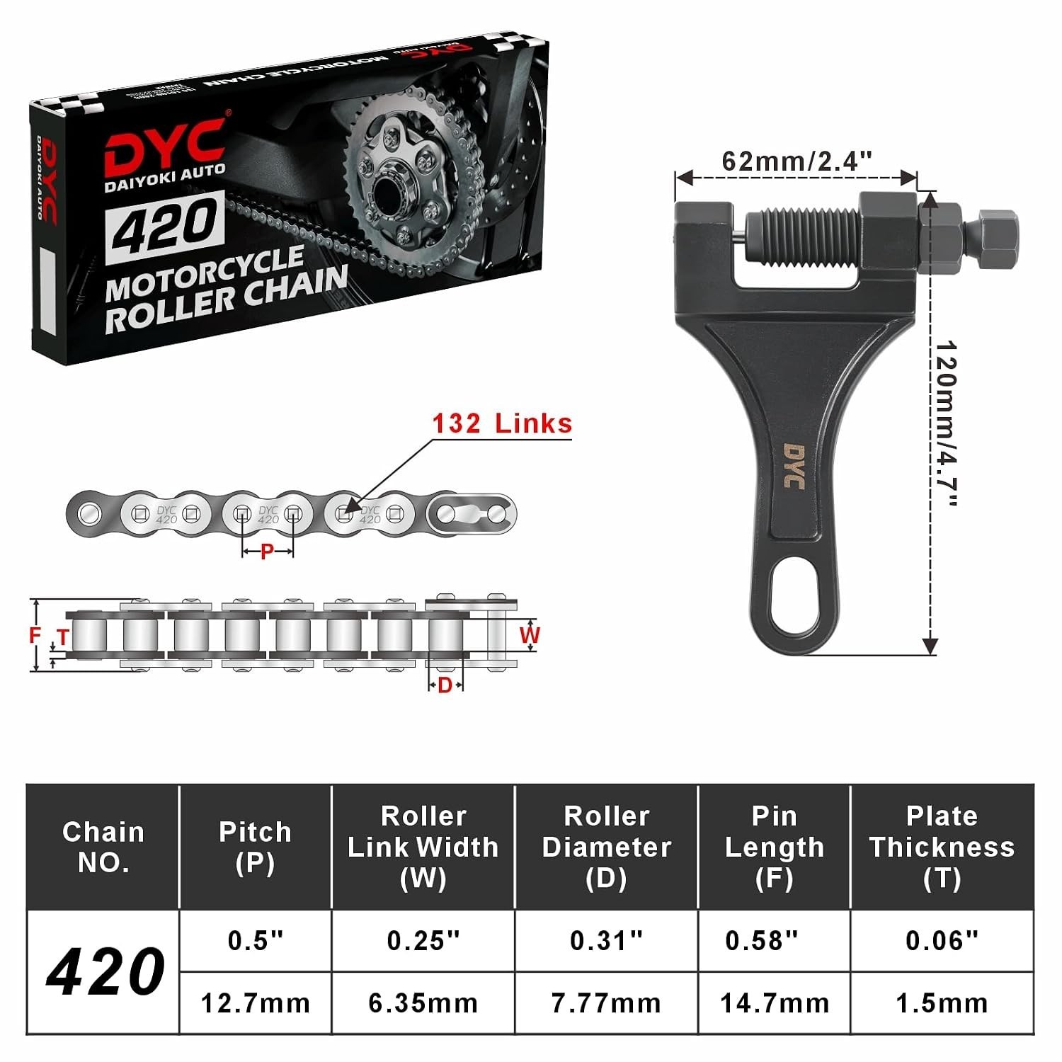 DYC 420 Chain 132 Links with 5 Master Links and Chain Breaker Tool | Cut to f…