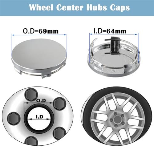 4 PCS Wheel Center Caps Outer 69mm 2.72″ Inner 64mm 2.52″ Compatible Silver